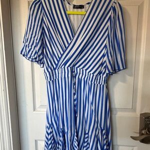 Anna Sui Blue and White Striped Midi Elastic Waist Dress